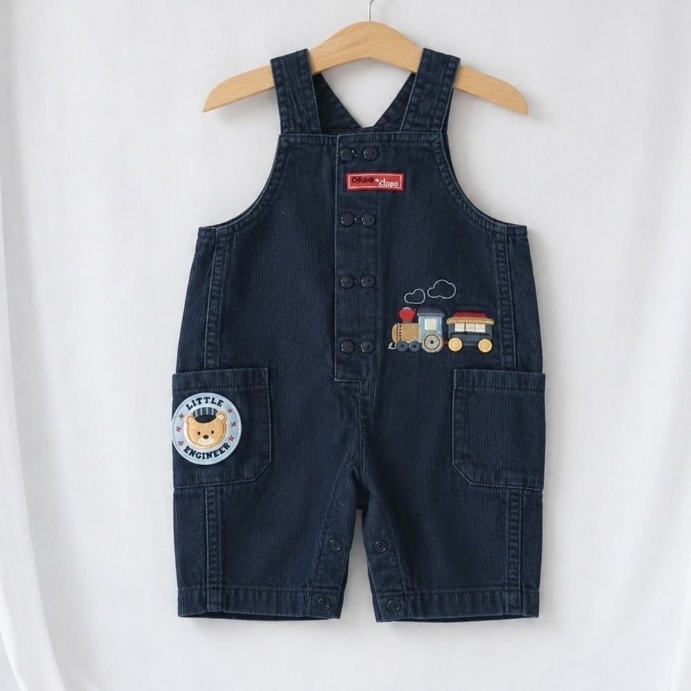 Vintage Baby Train Overalls 0-3M Navy Canvas Little Engineer Romper